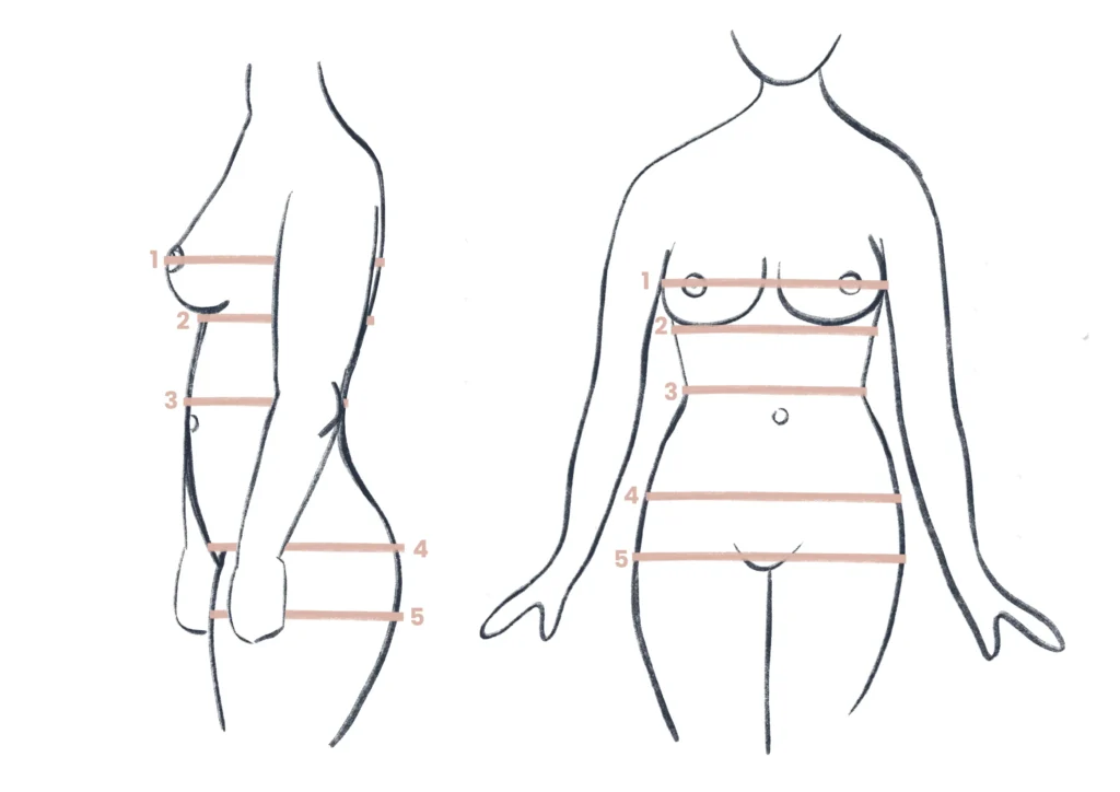 Ce dessin de silhouette d'Alteya Lingerie vous permet d'identifier les différentes zones à mesurer pour la confection de vos sous-vêtements sur-mesure.